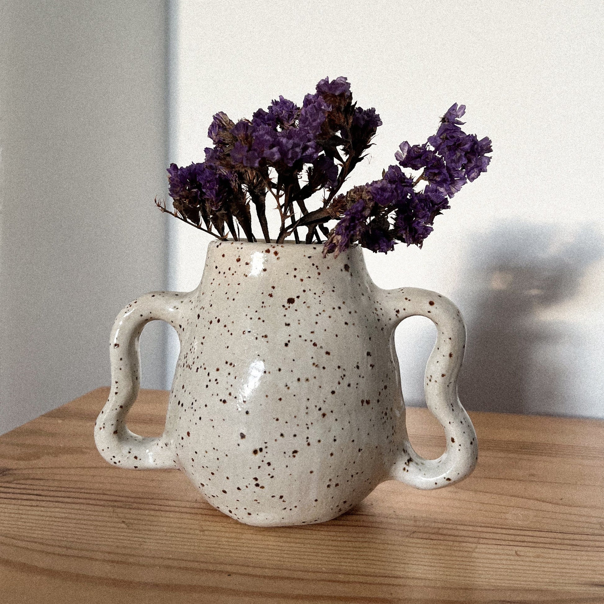 Handmade ceramic vase with wavy handles and speckled effect